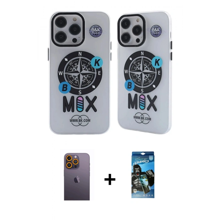 MARSİLYAN™- iPhone 12 Pro Max Kılıf Nova Doku Koleksiyonu - Siyah 34D Izgaralı Cam + Neon Fosforlu Kamera Lens - SI
