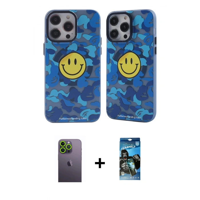 MARSİLYAN™- iPhone 12 Pro Max Kılıf Nova Doku Koleksiyonu - Siyah 34D Izgaralı Cam + Neon Fosforlu Kamera Lens - YL