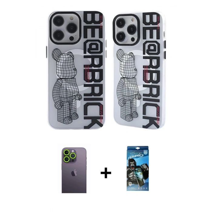 MARSİLYAN™- iPhone 12 Pro Max Kılıf Nova Doku Koleksiyonu - Siyah 34D Izgaralı Cam + Neon Fosforlu Kamera Lens - YL