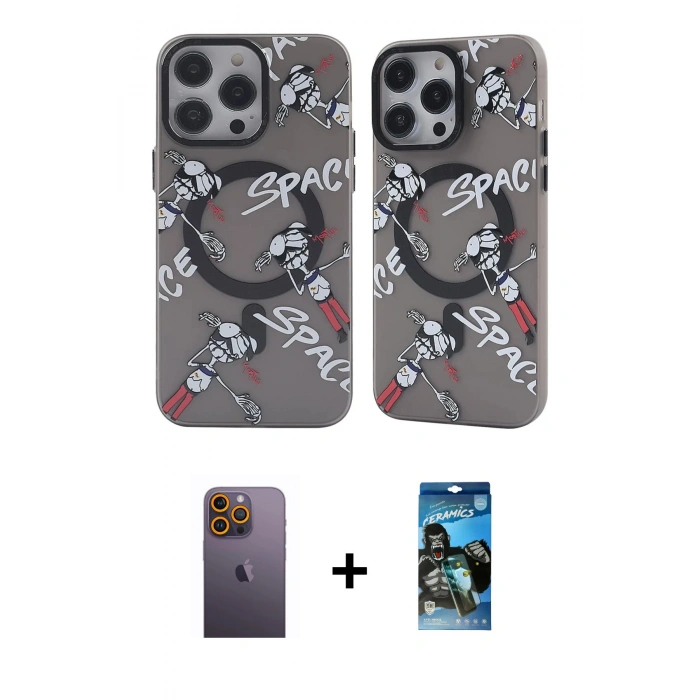 MARSİLYAN™- iPhone 12 Pro Max Kılıf Nova Doku Koleksiyonu - Siyah 34D Izgaralı Cam + Neon Fosforlu Kamera Lens - SI