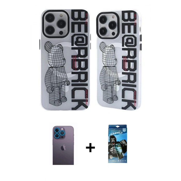 MARSİLYAN™- iPhone 12 Pro Max Kılıf Nova Doku Koleksiyonu - Siyah 34D Izgaralı Cam + Neon Fosforlu Kamera Lens - MI