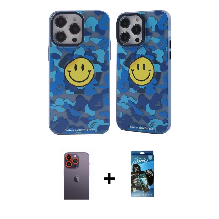 MARSİLYAN™- iPhone 12 Pro Max Kılıf Nova Doku Koleksiyonu - Siyah 34D Izgaralı Cam + Turuncu Neon Fosforlu Kamera Lens