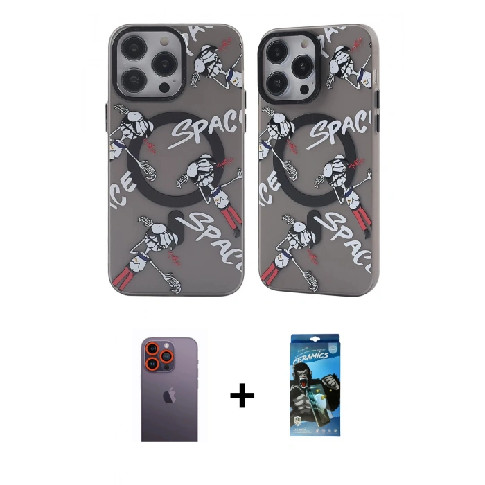 MARSİLYAN™- iPhone 12 Pro Max Kılıf Nova Doku Koleksiyonu - Siyah 34D Izgaralı Cam + Turuncu Neon Fosforlu Kamera Lens