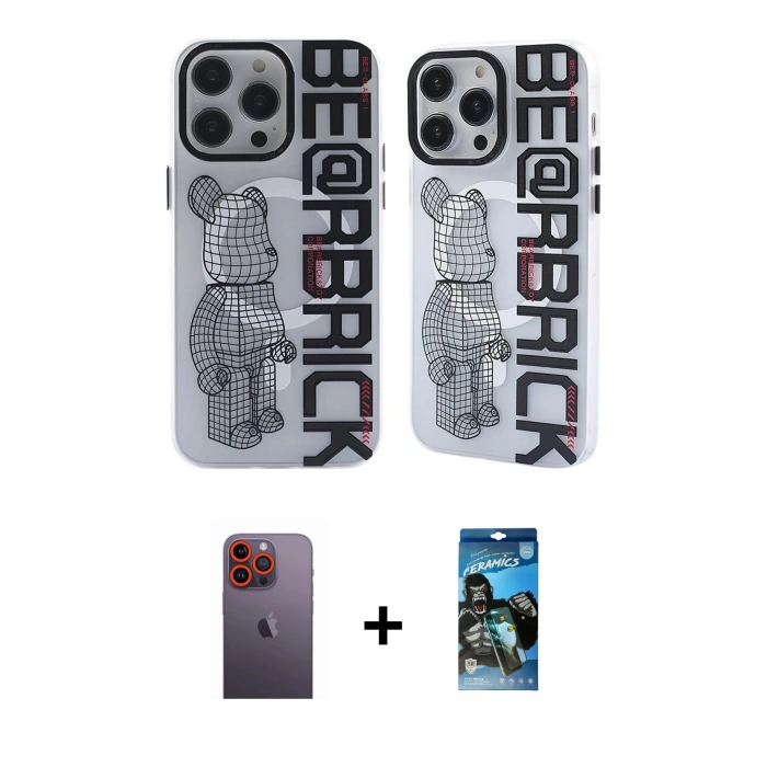 MARSİLYAN™- iPhone 12 Pro Max Kılıf Nova Doku Koleksiyonu - Siyah 34D Izgaralı Cam + Turuncu Neon Fosforlu Kamera Lens