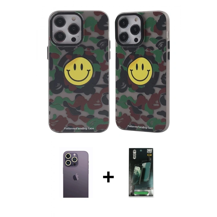 MARSİLYAN™- iPhone 12 Pro Max Kılıf Nova Doku Koleksiyonu - Siyah 360 Mat Full Body Arka Koruyucu + Beyaz Neon Fosforlu Kamera Lens