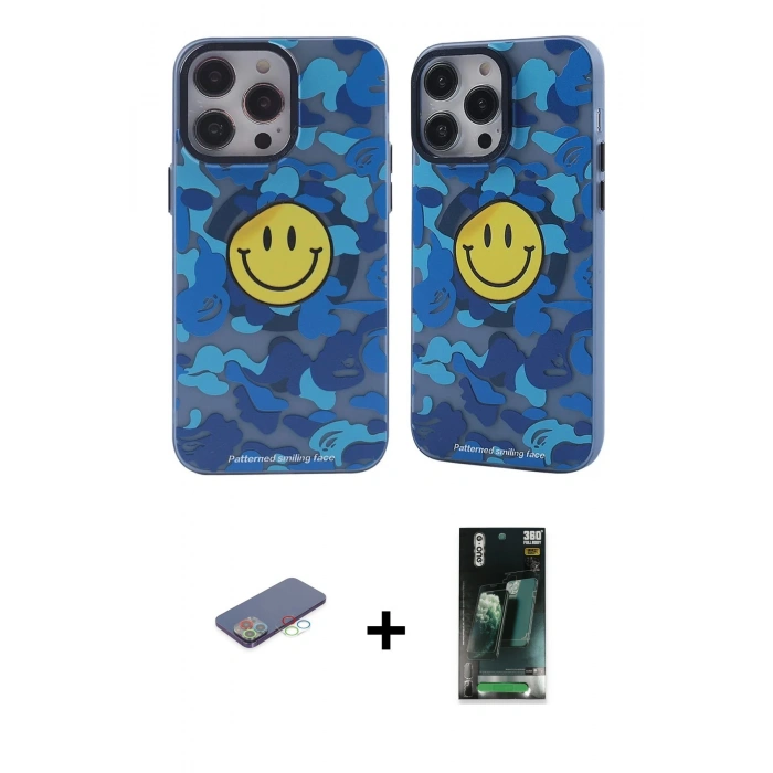 MARSİLYAN™- iPhone 12 Pro Max Kılıf Nova Doku Koleksiyonu - Siyah 360 Mat Full Body Arka Koruyucu + Mavi Renkli Kamera Lens Koruma Cam