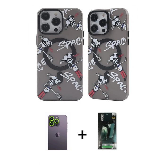 MARSİLYAN™- iPhone 12 Pro Max Kılıf Nova Doku Koleksiyonu - Siyah 360 Mat Full Body Arka Koruyucu + Neon Fosforlu Kamera Lens - YL
