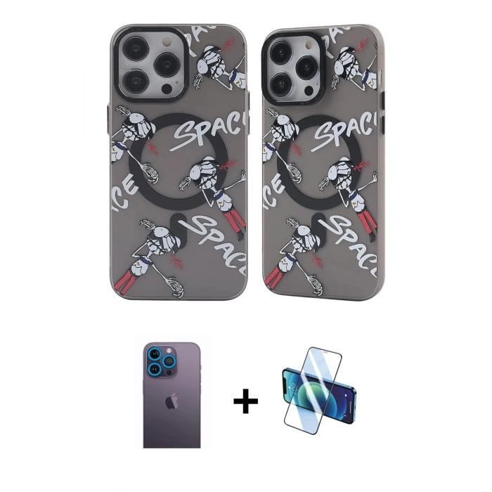 MARSİLYAN™- iPhone 12 Pro Max Kılıf Nova Doku Koleksiyonu - Siyah 3D Antistatik Cam Ekran Koruyucu + Neon Fosforlu Kamera Lens - MI