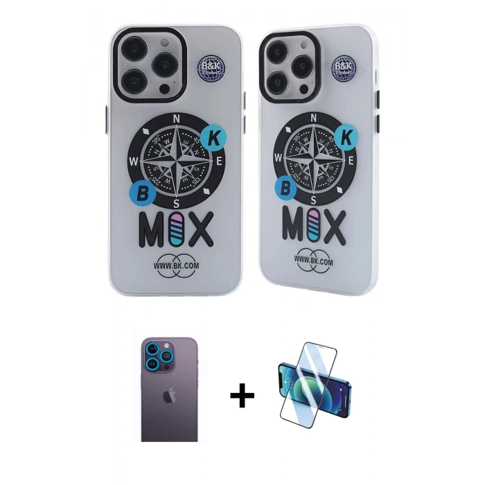 MARSİLYAN™- iPhone 12 Pro Max Kılıf Nova Doku Koleksiyonu - Siyah 3D Antistatik Cam Ekran Koruyucu + Neon Fosforlu Kamera Lens - MI