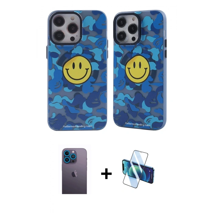 MARSİLYAN™- iPhone 12 Pro Max Kılıf Nova Doku Koleksiyonu - Siyah 3D Antistatik Cam Ekran Koruyucu + Neon Fosforlu Kamera Lens - MI