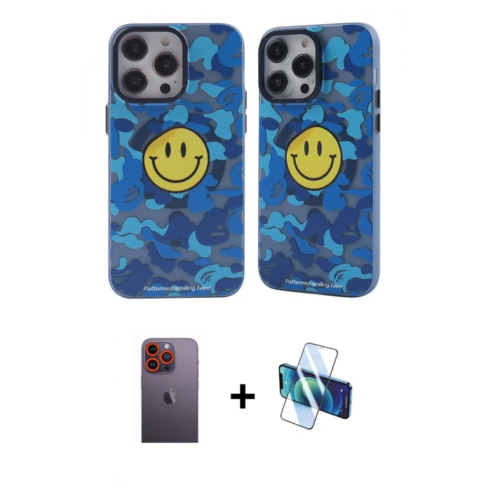 MARSİLYAN™- iPhone 12 Pro Max Kılıf Nova Doku Koleksiyonu - Siyah 3D Antistatik Cam Ekran Koruyucu + Neon Fosforlu Kamera Lens - TU