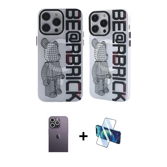 MARSİLYAN™- iPhone 12 Pro Max Kılıf Nova Doku Koleksiyonu - Siyah 3D Antistatik Cam Ekran Koruyucu + Neon Fosforlu Kamera Lens - BZ