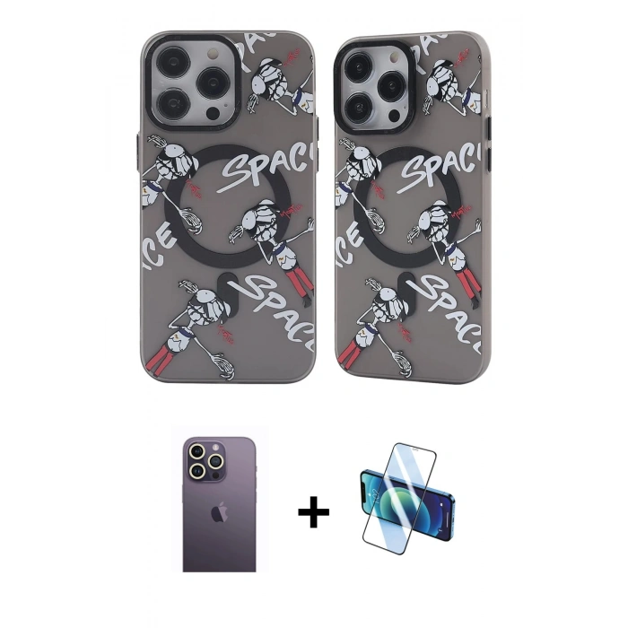 MARSİLYAN™- iPhone 12 Pro Max Kılıf Nova Doku Koleksiyonu - Siyah 3D Antistatik Cam Ekran Koruyucu + Neon Fosforlu Kamera Lens - BZ