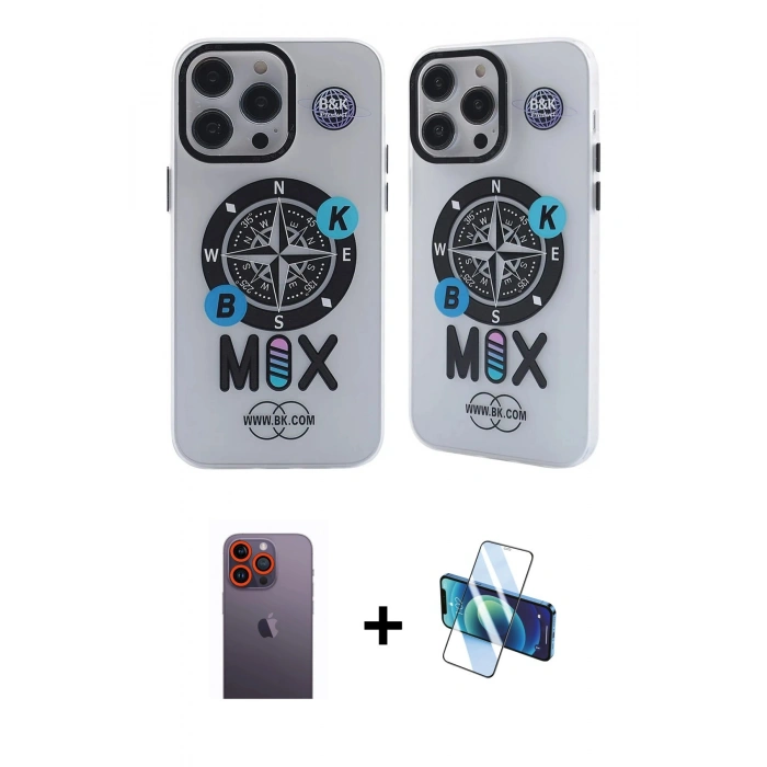 MARSİLYAN™- iPhone 12 Pro Max Kılıf Nova Doku Koleksiyonu - Siyah 3D Antistatik Cam Ekran Koruyucu + Neon Fosforlu Kamera Lens - TU