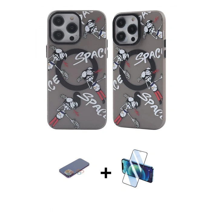 MARSİLYAN™- iPhone 12 Pro Max Kılıf Nova Doku Koleksiyonu - Siyah 3D Antistatik Cam Ekran Koruyucu + Renkli Kamera Lens Koruma Cam - PE