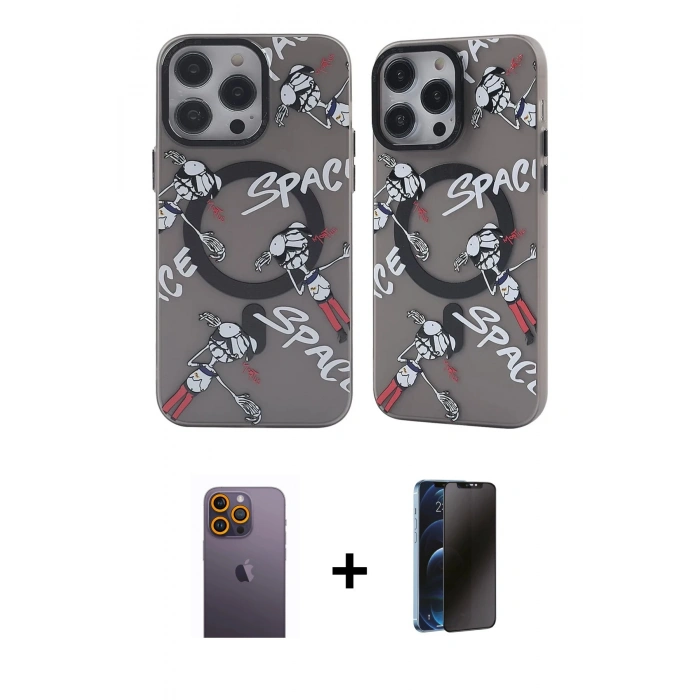 MARSİLYAN™- iPhone 12 Pro Max Kılıf Nova Doku Koleksiyonu - Siyah 3D Antistatik Hayalet Cam Ekran Koruyucu + Neon Fosforlu Kamera Lens - SI