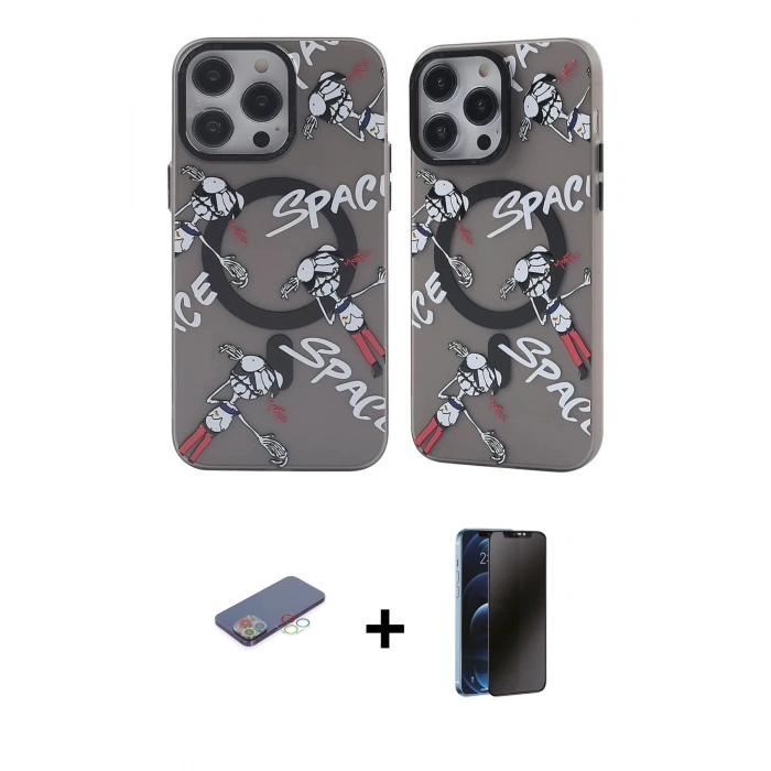 MARSİLYAN™- iPhone 12 Pro Max Kılıf Nova Doku Koleksiyonu - Siyah 3D Antistatik Hayalet Cam Ekran Koruyucu + Renkli Kamera Lens Koruma Cam - MI