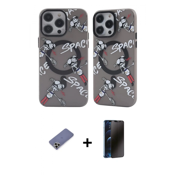 MARSİLYAN™- iPhone 12 Pro Max Kılıf Nova Doku Koleksiyonu - Siyah 3D Antistatik Hayalet Cam Ekran Koruyucu + Metal Kamera Lens Koruma Cam - GD