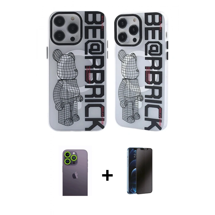MARSİLYAN™- iPhone 12 Pro Max Kılıf Nova Doku Koleksiyonu - Siyah 3D Antistatik Hayalet Cam Ekran Koruyucu + Neon Fosforlu Kamera Lens - YL