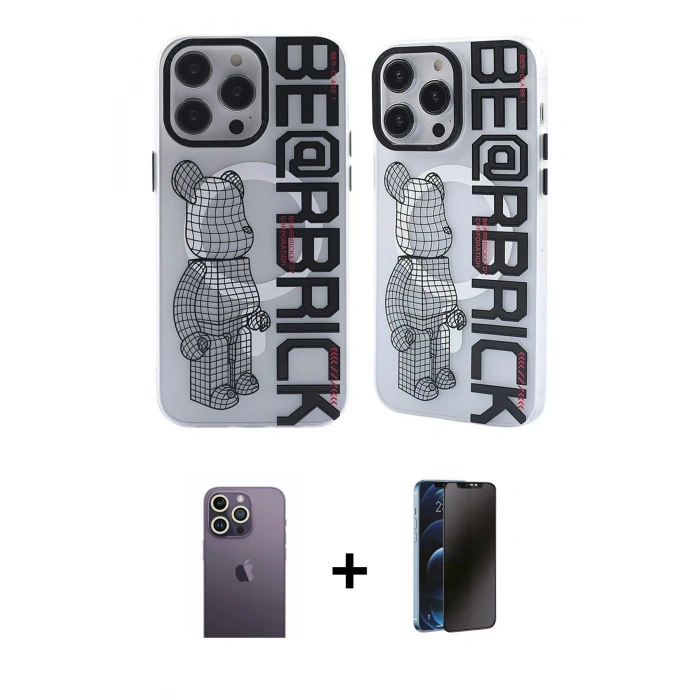 MARSİLYAN™- iPhone 12 Pro Max Kılıf Nova Doku Koleksiyonu - Siyah 3D Antistatik Hayalet Cam Ekran Koruyucu + Neon Fosforlu Kamera Lens - BZ