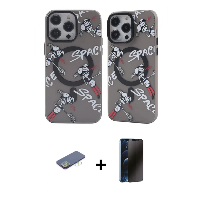 MARSİLYAN™- iPhone 12 Pro Max Kılıf Nova Doku Koleksiyonu - Siyah 3D Antistatik Hayalet Cam Ekran Koruyucu + Renkli Kamera Lens Koruma Cam - YL
