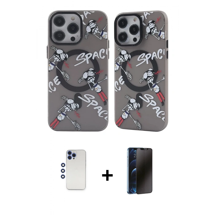 MARSİLYAN™- iPhone 12 Pro Max Kılıf Nova Doku Koleksiyonu - Siyah 3D Antistatik Hayalet Cam Ekran Koruyucu + Shine Kamera Lens - LT