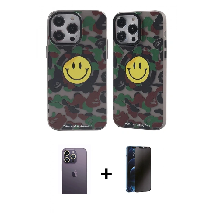 MARSİLYAN™- iPhone 12 Pro Max Kılıf Nova Doku Koleksiyonu - Siyah 3D Antistatik Hayalet Cam Ekran Koruyucu + Neon Fosforlu Kamera Lens - BZ