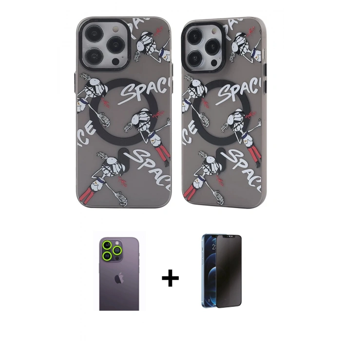 MARSİLYAN™- iPhone 12 Pro Max Kılıf Nova Doku Koleksiyonu - Siyah 3D Antistatik Hayalet Cam Ekran Koruyucu + Neon Fosforlu Kamera Lens - YL