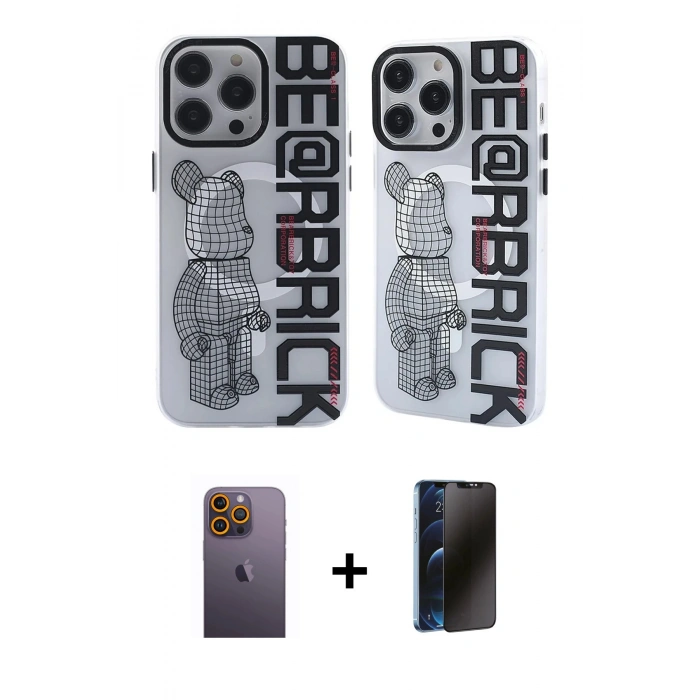 MARSİLYAN™- iPhone 12 Pro Max Kılıf Nova Doku Koleksiyonu - Siyah 3D Antistatik Hayalet Cam Ekran Koruyucu + Neon Fosforlu Kamera Lens - SI