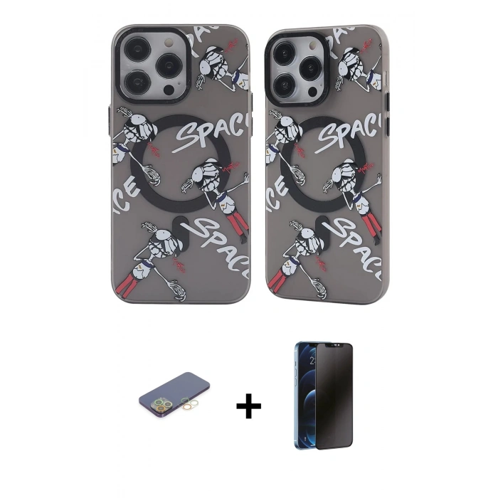 MARSİLYAN™- iPhone 12 Pro Max Kılıf Nova Doku Koleksiyonu - Siyah 3D Antistatik Hayalet Cam Ekran Koruyucu + Renkli Kamera Lens Koruma Cam - SI