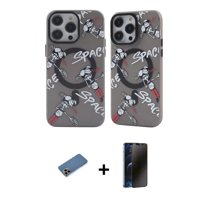 MARSİLYAN™- iPhone 12 Pro Max Kılıf Nova Doku Koleksiyonu - Siyah 3D Antistatik Hayalet Cam Ekran Koruyucu + Shine Kamera Lens Koruma Cam - GD