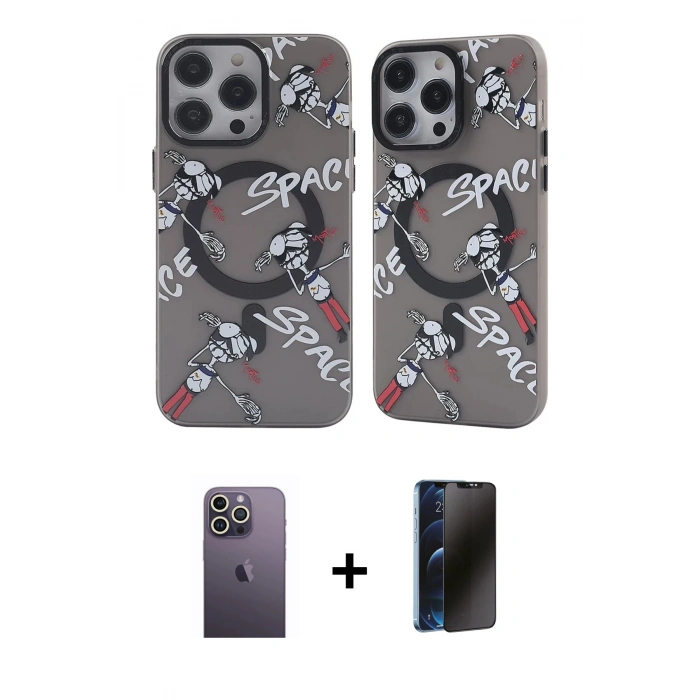 MARSİLYAN™- iPhone 12 Pro Max Kılıf Nova Doku Koleksiyonu - Siyah 3D Antistatik Hayalet Cam Ekran Koruyucu + Neon Fosforlu Kamera Lens - BZ