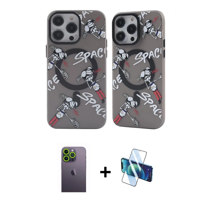 MARSİLYAN™- iPhone 12 Pro Max Kılıf Nova Doku Koleksiyonu - Siyah 3D Antistatik Seramik Nano Ekran Koruyucu + Yeşil Neon Fosforlu Kamera Lens