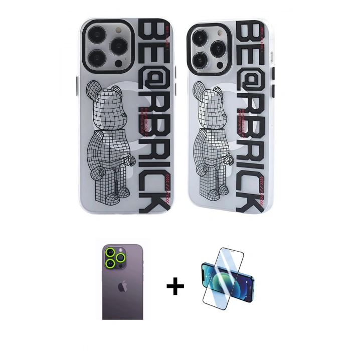 MARSİLYAN™- iPhone 12 Pro Max Kılıf Nova Doku Koleksiyonu - Siyah 3D Antistatik Seramik Nano Ekran Koruyucu + Yeşil Neon Fosforlu Kamera Lens