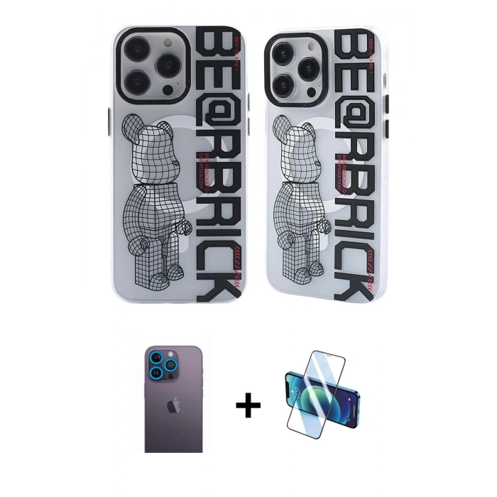 MARSİLYAN™- iPhone 12 Pro Max Kılıf Nova Doku Koleksiyonu - Siyah 3D Antistatik Seramik Nano Ekran Koruyucu + Neon Fosforlu Kamera Lens - MI