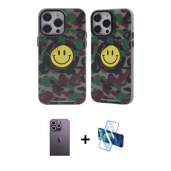 MARSİLYAN™- iPhone 12 Pro Max Kılıf Nova Doku Koleksiyonu - Siyah 3D Antistatik Seramik Nano Ekran Koruyucu + Beyaz Neon Fosforlu Kamera Lens