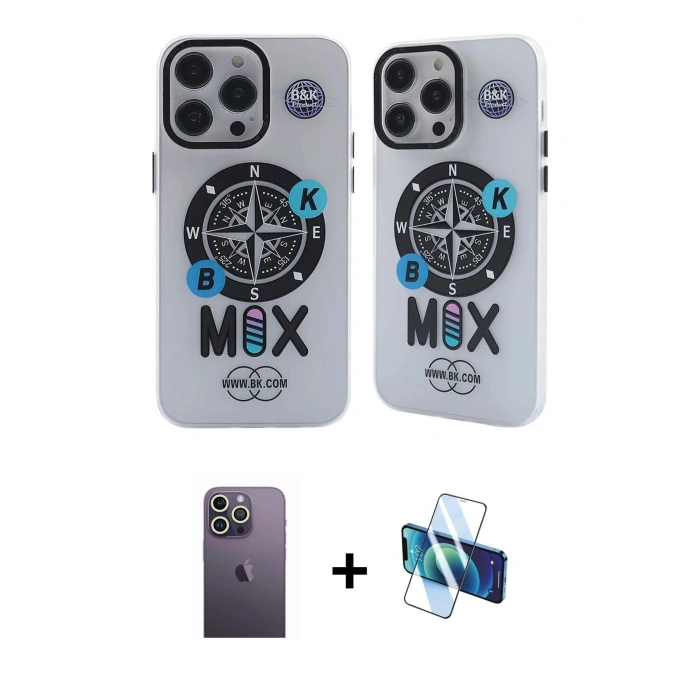 MARSİLYAN™- iPhone 12 Pro Max Kılıf Nova Doku Koleksiyonu - Siyah 3D Antistatik Seramik Nano Ekran Koruyucu + Beyaz Neon Fosforlu Kamera Lens