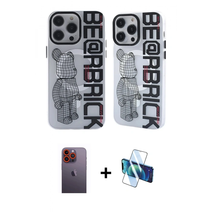 MARSİLYAN™- iPhone 12 Pro Max Kılıf Nova Doku Koleksiyonu - Siyah 3D Antistatik Seramik Nano Ekran Koruyucu + Neon Fosforlu Kamera Lens - TU