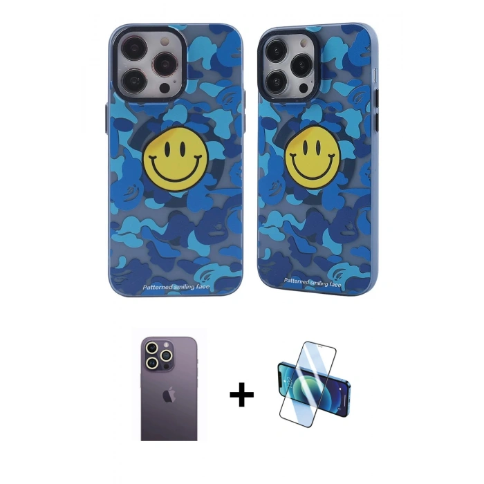 MARSİLYAN™- iPhone 12 Pro Max Kılıf Nova Doku Koleksiyonu - Siyah 3D Antistatik Seramik Nano Ekran Koruyucu + Beyaz Neon Fosforlu Kamera Lens