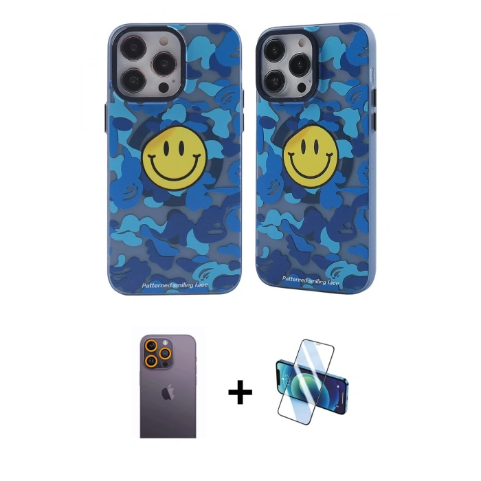 MARSİLYAN™- iPhone 12 Pro Max Kılıf Nova Doku Koleksiyonu - Siyah 3D Antistatik Seramik Nano Ekran Koruyucu + Neon Fosforlu Kamera Lens - SI