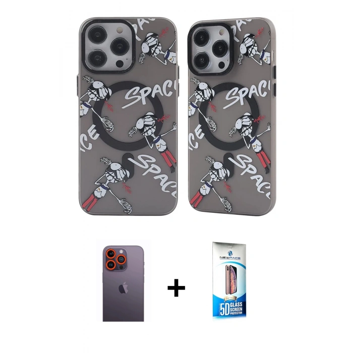MARSİLYAN™- iPhone 12 Pro Max Kılıf Nova Doku Koleksiyonu - Siyah 5D Eko Cam Ekran Koruyucu + Neon Fosforlu Kamera Lens - TU