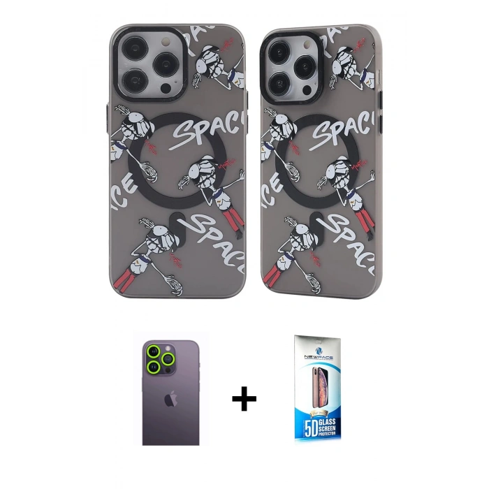 MARSİLYAN™- iPhone 12 Pro Max Kılıf Nova Doku Koleksiyonu - Siyah 5D Eko Cam Ekran Koruyucu + Neon Fosforlu Kamera Lens - YL