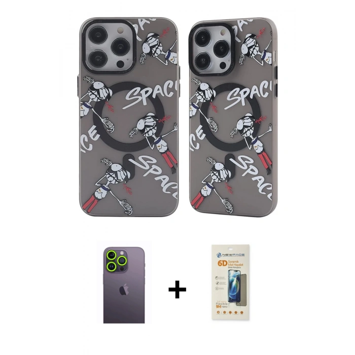 MARSİLYAN™- iPhone 12 Pro Max Kılıf Nova Doku Koleksiyonu - Siyah 6D Mat Seramik Hayalet Nano Ekran Koruyucu + Neon Fosforlu Kamera Lens - YL