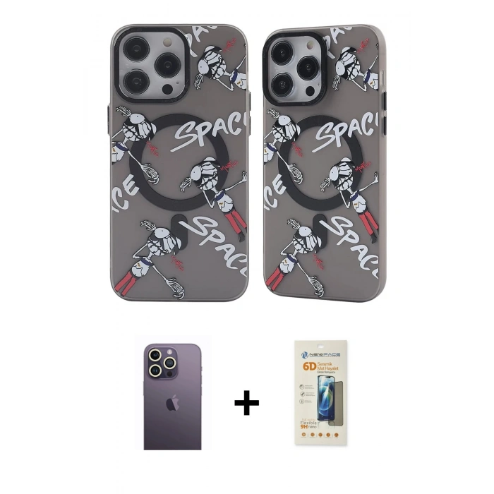 MARSİLYAN™- iPhone 12 Pro Max Kılıf Nova Doku Koleksiyonu - Siyah 6D Mat Seramik Hayalet Nano Ekran Koruyucu + Neon Fosforlu Kamera Lens - BZ