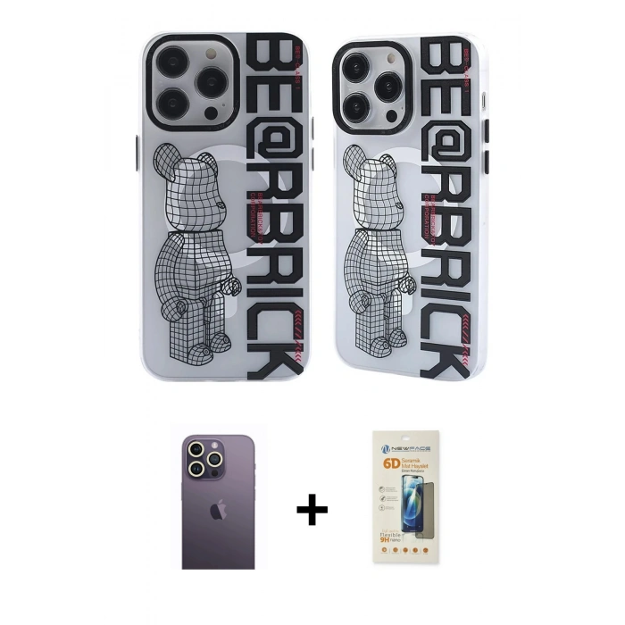 MARSİLYAN™- iPhone 12 Pro Max Kılıf Nova Doku Koleksiyonu - Siyah 6D Mat Seramik Hayalet Nano Ekran Koruyucu + Neon Fosforlu Kamera Lens - BZ