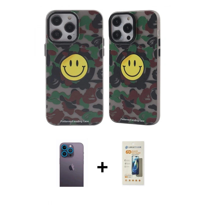 MARSİLYAN™- iPhone 12 Pro Max Kılıf Nova Doku Koleksiyonu - Siyah 6D Mat Seramik Hayalet Nano Ekran Koruyucu + Neon Fosforlu Kamera Lens - MI