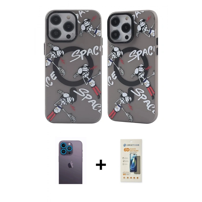 MARSİLYAN™- iPhone 12 Pro Max Kılıf Nova Doku Koleksiyonu - Siyah 6D Mat Seramik Hayalet Nano Ekran Koruyucu + Neon Fosforlu Kamera Lens - MI