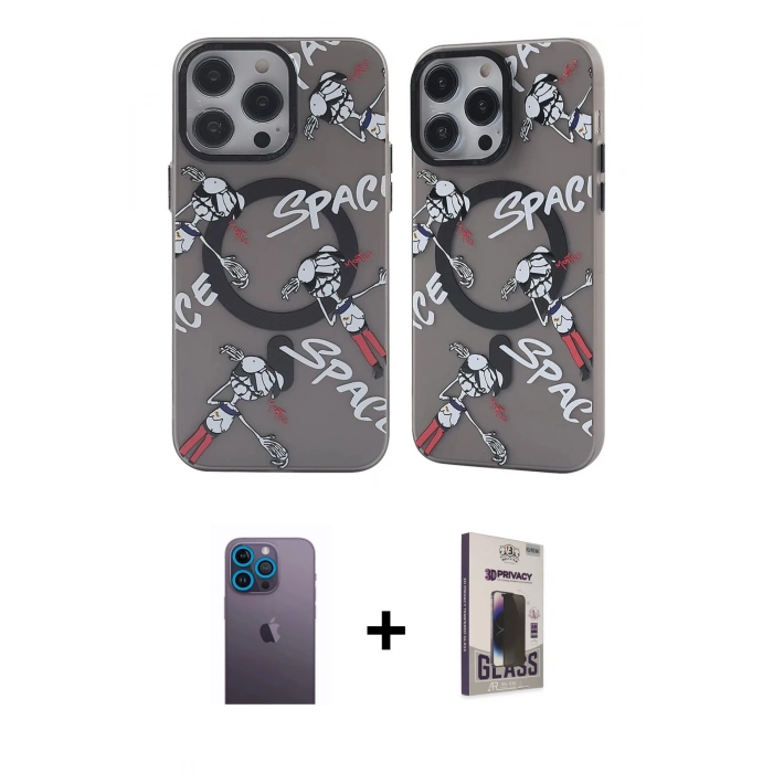 MARSİLYAN™- iPhone 12 Pro Max Kılıf Nova Doku Koleksiyonu - Siyah Bilvis Hayalet Cam Ekran Koruyucu + Neon Fosforlu Kamera Lens - MI