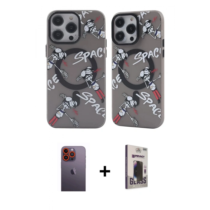 MARSİLYAN™- iPhone 12 Pro Max Kılıf Nova Doku Koleksiyonu - Siyah Bilvis Hayalet Cam Ekran Koruyucu + Neon Fosforlu Kamera Lens - TU
