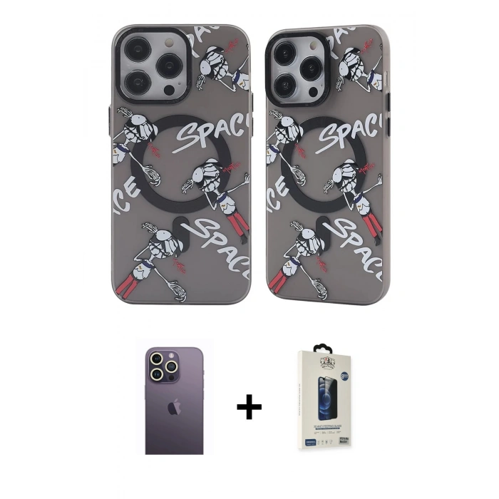 MARSİLYAN™- iPhone 12 Pro Max Kılıf Nova Doku Koleksiyonu - Siyah Bilvis Hayalet Cam Ekran Koruyucu + Neon Fosforlu Kamera Lens - BZ